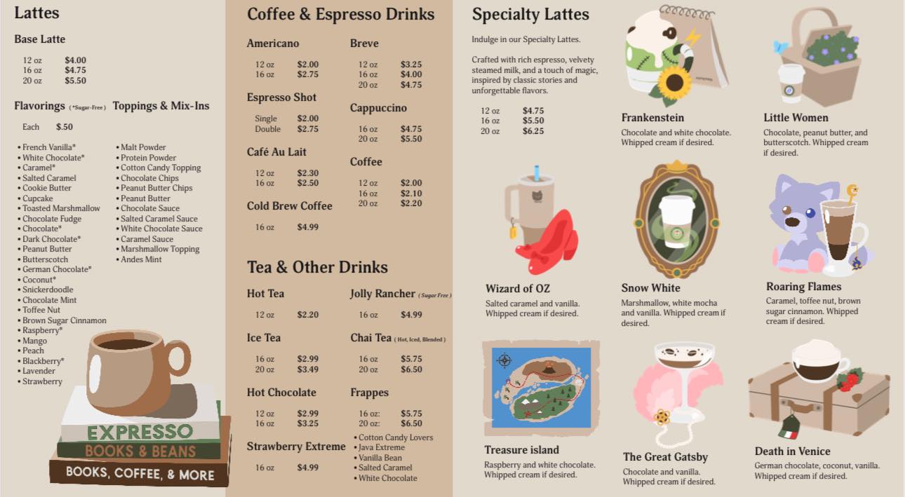 Click to view full size Expresso Books & Beans menu showing coffee drinks, literary lattes, and blended beverages with prices